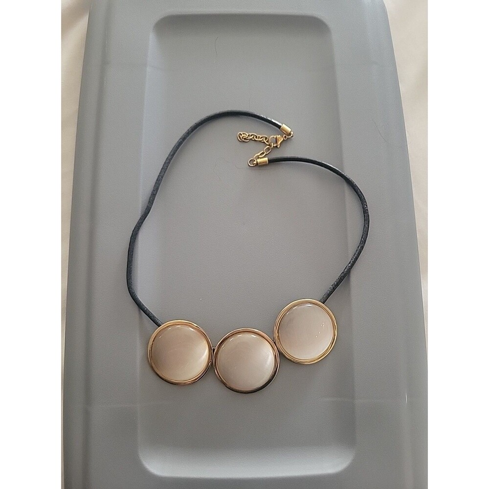 Moderist Goldtone Circle Smokey Grey Glass Black Leather Cord Necklace 1980s
